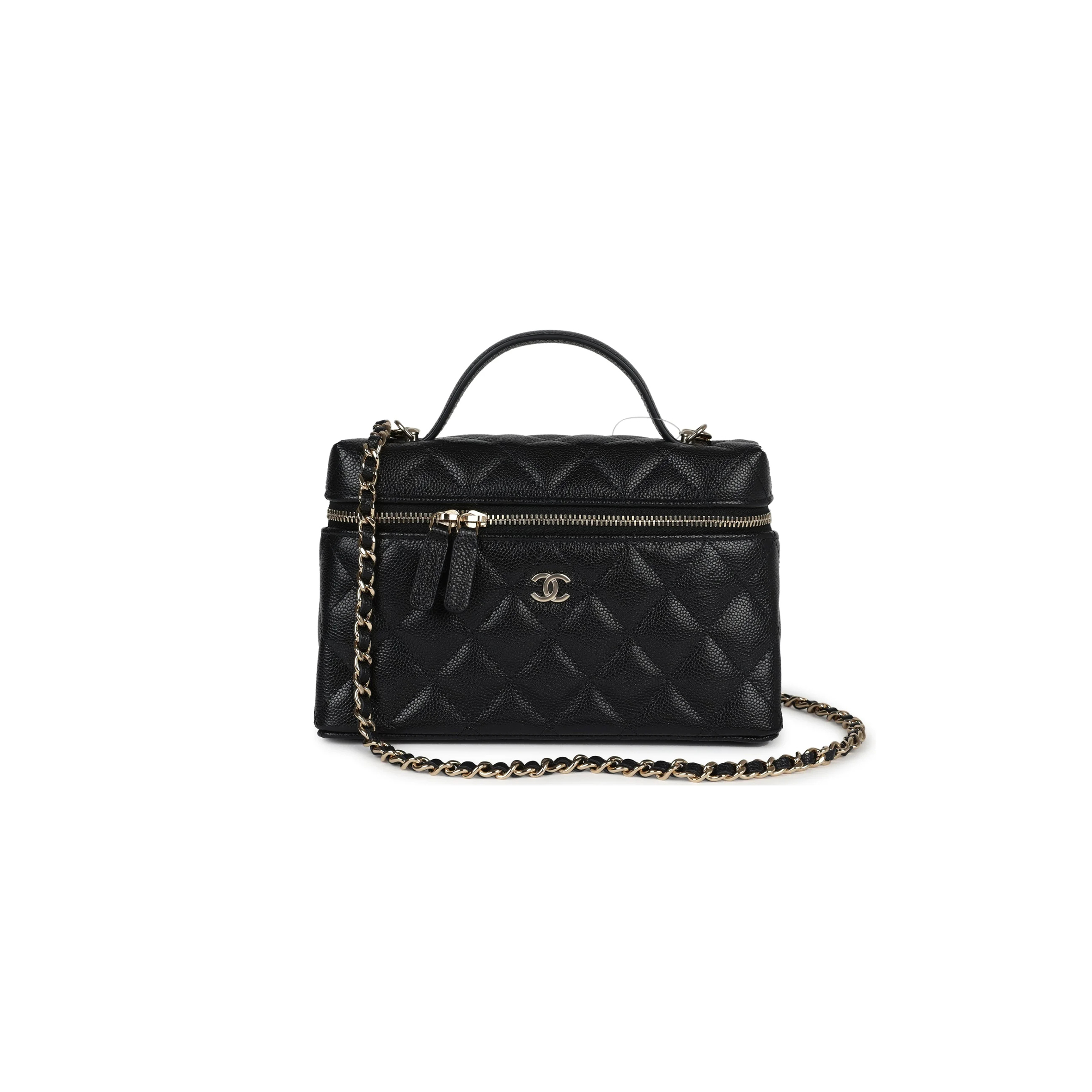CHANEL CC TOP HANDLE LONG VANITY CASE WITH CHAIN BLACK SHINY CAVIAR LIGHT GOLD HARDWARE 1109942 (19.5*17*5cm)